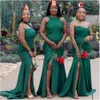 패션 어두운 녹색 인어 신부 들러리 드레스 사이드 스플릿 긴 민소매 아프리카 여성 신부 파티 드레스 하녀 명예