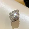 Bröllopsringar Lyximitation Pearl Set Zircon Ring for Women Franch Senior Ball Jewelry Gift Justerbar storlek