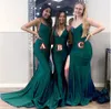 Emerald Green Mermaid brudtärna klänningar Sexig spaghetti remsida delad lång maxi klänning bröllopsfest för kvinnor