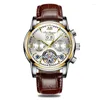 Armbandsur Tourbillon Luxury Men Mechanical Wristwatch äkta läder Automatisk klocka Analog Vecka Kalendermånad Sport Mens