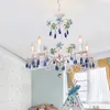 Kroonluchters Franse koninklijk blauw kristal kroonluchter LED -verlichting voor eetkamer restaurant keramische roos hangende lamp kinderen slaapkamer glans