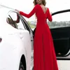 Casual Dresses Red Long Sleeve Deep-V Evening Maxi Dress Sexig Robe Female Party Outfits Drophipping Wholesale Artiklar för företag