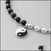 Beaded Necklaces Punk Black White Imitation Pearl Beads Choker For Men Round Tai Chi Gossip Pendant Necklace Jewelry Drop Delivery Pe Ot8Mz