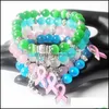 Charm Bracelets Breast Cancer Awareness Pink Ribbon Bracelet 5 Color Cat Eye Opal 8Mm Beads Bangle Drop Delivery Jewelry Dhemr