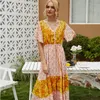 Casual Dresses Bohemian A-line Floral Dress Elegant V-neck Vestidos Empire Ladies Frocks Button Short Sleeve Maxi For Women