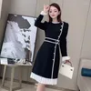 Casual Dresses Top Quality Women's Dress 2023 Autumn Work Ladies White Pleated Ruffle Patchwork Beading Button långärmad bodycon ol