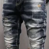 Jeans pour hommes Mode Streetwear Rétro Noir Bleu Élastique Slim Fit Ripped Spliced Designer Broderie Hip Hop Denim Pantalon 230113
