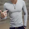 Men's Suits H366 O-Neck V-Neck Long Sleeve Men T-Shirt Solid Color Milk Silk T-Shirts Man Clothing All-match Slim Top