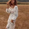 Casual Dresses Boho Summer Rayon Floral Embroidered Maxi Dress Women Lace Up Bubble Sleeves Waist Elastic White A-line Long Vestidos