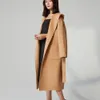 Women's Wool Blends Doublesided Cashmere Coat Medium Long Korean Fashion Lace Up Hooded Thicken Slimming Fit Hoodie Max 230112