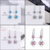 Charme S925 Timbre Sier Boucles D'oreilles Fleur Charmes Bleu Rose Blanc Zircon Boucle D'oreille Bijoux Brillant Cristal Gland Cerceaux Piercing Pour Les Femmes Nous Dhi2G