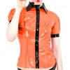 Damskie bluzki moda puff krótkie t-shirty pvc Summer Kobiety słodkie urocze dama szczupłe topy guziki eleganckie koszulka elegancka kobieta faux lateks