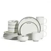 Plates Europe 16pcs Cafe Vertical Stripe Kitchen Dinnerware Set Bowls Mugs Combination Tableware Service For 4 Person (3colors)