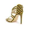 Sandals 2023 Summer Women 11cm High Heels Lady Fetish Stiletto Straps Yellow Sandles Open To Sexy Stripes Stripper Leopard Shoes