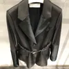 Chaquetas de mujer 2023 otoño mujer chaqueta de piel de oveja con cinturón Delgado cuero genuino negro Oficina prendas de vestir abrigos de talla grande