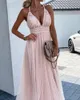 Casual Dresses 2023 Halter Backless virkning spetsar Mesh Pink Long Prom Dress Summer Ladies Sexy Womens Robes Vestidos Mujer