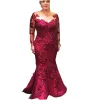 Vintage Dark Red Mermaid Mother Jurken Sheer Jewel Neck Appliques kralen Lange mouwen Moeder van bruid bruidegom feestavond bruiloftsjurken