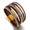 Bracelets de charme Amorcome Tube incurvé Cuir mince pour les femmes Bohemien Bohemian Rinestone Wide Wrap Bracelet Female Bijoux