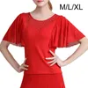 Scene Wear Elegant Women Ballroom Dance Tops Bell Sleeves Short Sleeve Blus Rhinestones halsringning för Cha Rumba Waltz Latin Tango