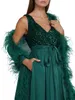 2 Pièces Robes De Bal Élégantes A-ligne Col En V Sans Manches Tulle Paillettes Châle Avec Plume Dos Nu Etage Longueur Fermeture Éclair Robe De Soirée Sur Mesure Plus La Taille