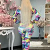 Women's Two Piece Pants Tie Dye Printed Turn Down Collar Autumn Set Bodycon Skinny Long Woman Suit Sleeve Casual Street Wear Clothing FemmeW