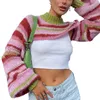 Women's Sweaters Women Knitted Shrug Sweater Casual Striped Loose Long Sleeves Half Turtleneck Pullover Crop Tops Streetwear