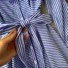 Casual Dresses Korean Fashion Striped A-line Midi Dress Woman V Neck Slanted Collar Long Sleeve Lace-up Elegant Female Drop