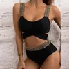 Kadın Mayo Seksi Altın Patchwork Mayo Kadın İki Parça Siyah Bikini 2023 Spor Yüzme Yüksek Bel Yukarı Plaj Giyim Mayo Takım
