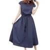 Casual Dresses Loose High Wasit Kaftan For Women 2023 Elegant Solid Color Round Neck Short Sleeve Bandage Maxi Dress Vestidos