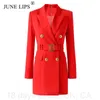 June Lips 2022 New Spring High Quality Women Dress Red Blazer with Belt Buttons Pierced Chic for Party Wholesale