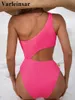 Women's Swimwear Sexy One Shoulder Splicing Wrinkled Crinkled Women Piece Swimsuit Female Monokini Bather Bathing Suit Swim V4245