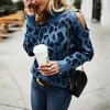 Kvinnors tröjor Autumn and Winter Fashion Women's Leopard Print High Neck Long Sleeve Off-the-Shoulder Casual Loose Knit tröja Kvinnor