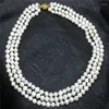 Zincir mücevher kolye moda stili diy 3 sıralar 7-8mm beyaz akoya kültürlü doğal inciler 17-21 "my4571