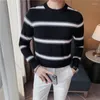 Men's Sweaters Color Contrast Striped Round Neck Knit Sweater Men Long Sleeve Slim Casual Knitting Pullovers Social Knitwear Tops Clothing