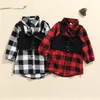 Flickaklänningar 2023 Fashion Girls Casual Two-Piece Clothes Set Plaid Printed Pattern Balloon Sleeve Dress and Black Tie-Up Vest 1-6T