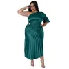 Plus Size Dresses Women Party Fashion Sexy Sloping Shoulder Drawstring Pressed Pleated Dress Casual Solid Color Elegant