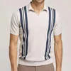 Herren Polos Poloshirt Männer Streifendruck Patchwork Stricken Lässig Revers Pullover Sommer Mode Kurzarm