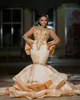 2023 Arabo Aso Ebi Mermaid Champagne Prom Dresses Pizzo Perline Cristalli Sera Festa formale Secondo ricevimento Compleanno Abiti di fidanzamento Abito ZJ332