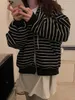 여자 후드 땀 셔츠 zip Up 여자 한국 스타일 후드 여자 최고의 빈티지 스트라이프 긴 소매 대형 후드 셔츠 재킷 캐주얼 큰 코트 230113