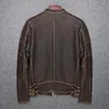 Herren-Jacke aus braunem Lederimitat, echtes Rindsleder, Vintage-Stil, schmaler Mantel mit Kantenschliff