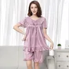 Women's Sleepwear Sexy Short Sleeve Casual Slim Solid Women Lingerie Silk Pajamas Set Home Clothing