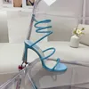 Classic rhinestone stiletto sandals Women sandals Fashion super-high heels Luxury designer dress shoes Satin snake-shaped coiling party 9.5cm Leather sole 35-43