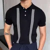 Herren Polos Poloshirt Männer Streifendruck Patchwork Stricken Lässig Revers Pullover Sommer Mode Kurzarm