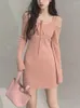 Casual Dresses Long Sleeve Sweet Knitted Mini Dress Women Autumn 2023 Off Shoulder Elegant Pink Sweater Kawaii Short Party Korean