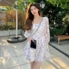 Casual Dresses Floral Summer Sweet Party Mini Women Print Korean Style Dress Female 2023 Chiffon France Elegant ett stycke