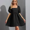 Vestidos de fiesta Mujeres de verano Mini vestido cuadrado Campo de linterna Correo Correa sin espalda Elegante PLISADO Ropa de cintura alta A de cintura A