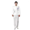 Ternos masculinos Men Branco Azul Azul Men Chinese Tunic Set With Calça Mass Blazers Casamento Groom Groom Costura da calça de chegada de chegada