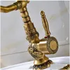 Bathroom Sink Faucets Antique Brass Basin Faucet Long Nose Spout Flower Carved Wash Tap 360 Rotation Single Handle Mixer Torneiras1 Dhxmt