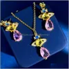 Hochzeitsschmuck setzt luxuri￶ser Designer Damen Halsketten Ohrstollen Halskette Ohrring mit blau rosa wei￟en Kristall Diamonds Planet Pen Dhdjh