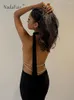 Günlük Elbiseler Nadafair Balıkçı Yaka İnci Backless Bölünmüş Maxi Elbise Kadınlar Seksi Kolsuz Cut Out Şık Zarif Parti Kulübü Siyah Yaz Sonbahar